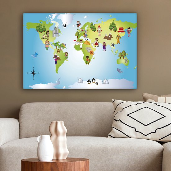 Carte du monde des enfants sur toile chambre d'enfant grande 150x100 cm | Carte du monde peinture sur toile