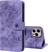 Coque iPhone 15 Pro - Bookcase - Cordon - Porte carte - Portefeuille - Protection appareil photo - Motif fleurs - Simili cuir - Violet