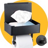 Toiletrolhouder Zwart met Plankje en Bakje - Zonder Boren - Pasper - wc rolhouder zelfklevend - inclusief Extra Handdoekhaak