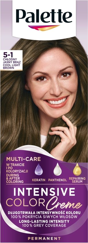 Palette Intensive Color Creme 5-1 Cool Licht Bruin met langdurige intensiteit en 100% grijsdekking. Model met bruin haar lacht.
