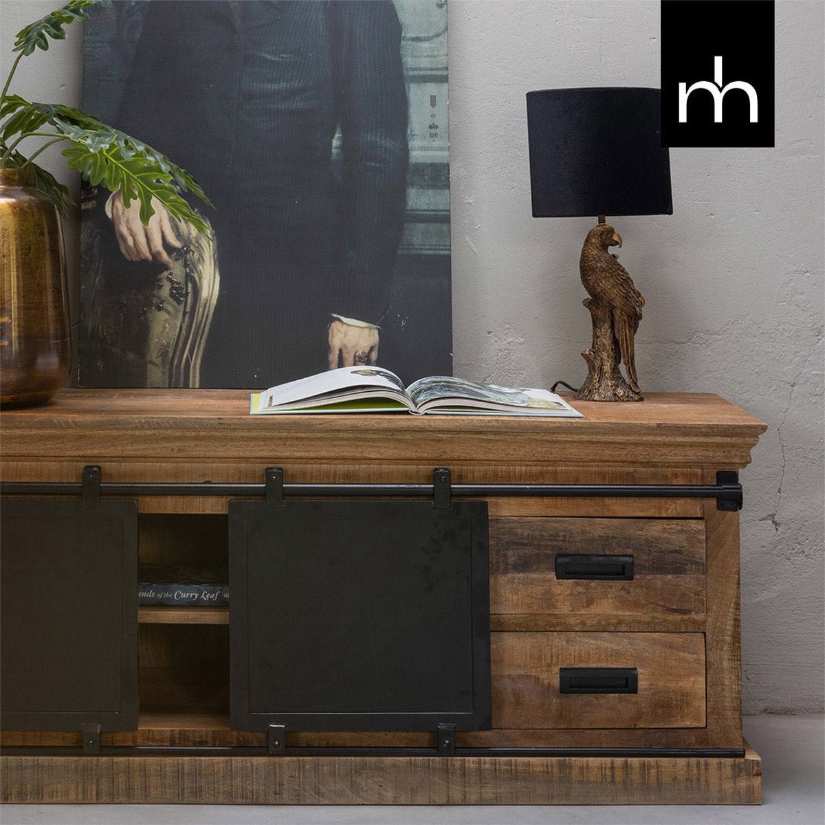 Mangohouten TV Meubel Portland 180 cm Mahom Industrieel - TV Meubel van Mangohout & Metaal - Industriële TV Meubel