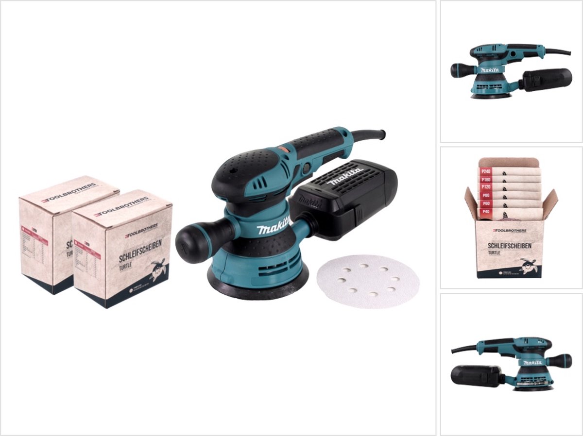 Makita BO 5041 excentrische schuurmachine / slijpmachine 300 W 125 mm + 2x Toolbrothers TURTLE schuurset