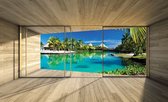 Fotobehang - Vlies Behang - Tropisch Hawaii Terras Zicht 3D - 416 x 254 cm