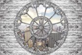 Fotobehang - Vlies Behang - 3D Uitzicht door het Ronde Raam op New York Stad - 368 x 254 cm