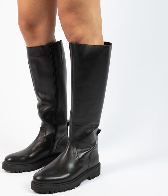 Manfield - Dames - Zwarte leren hoge laarzen met platte zool - Maat 40 |  bol.com