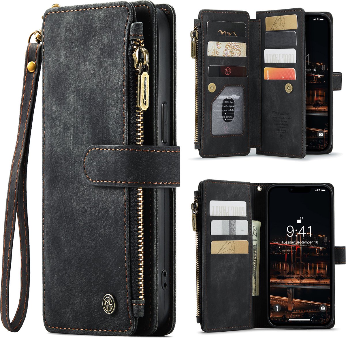 CaseMe - Hoesje geschikt voor iPhone 15 Plus - Vintage Wallet Book Case Ritssluiting - Met Magneetsluiting - Zwart
