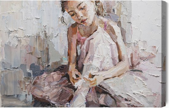 Painting King – Peinture sur toile Petite ballerine aux cheveux bouclés assise et attache des chaussures de pointe. Peinture à l'huile, technique du couteau à palette et pinceau. - 100 x 70 cm