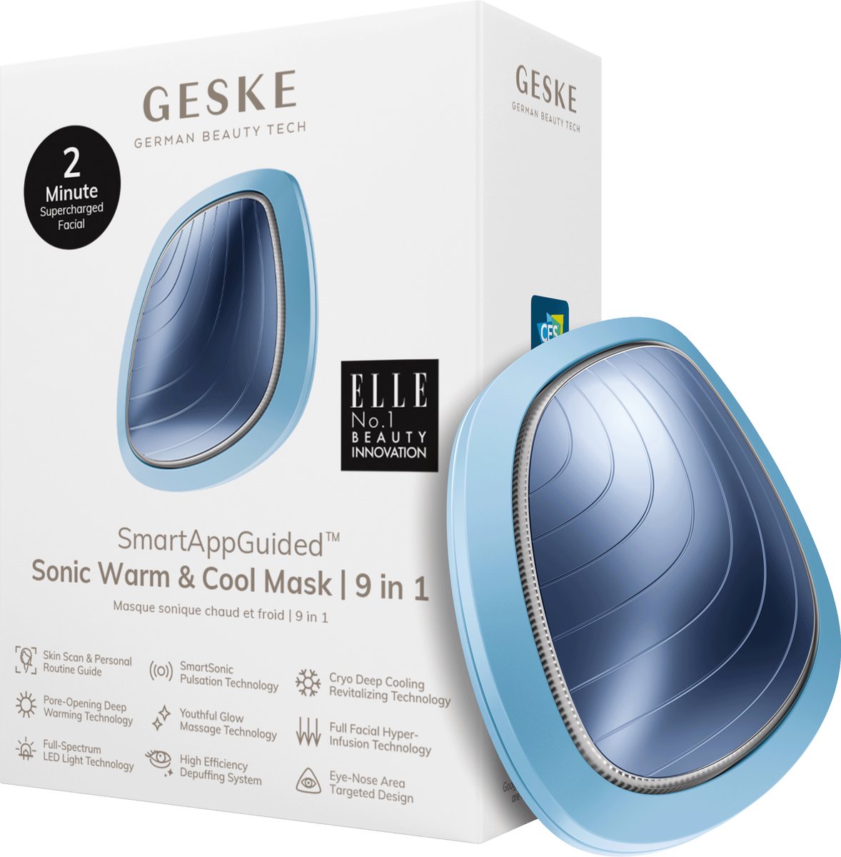 GESKE | SmartAppGuided™ Sonic Warm & Cool Mask | 9 in 1 | Beauty LED-gezichtsmasker | Volledig LED-spectrum en roodlichttherapie | Warmte | Koeling | Verhoogde inname van gezichtsverzorging