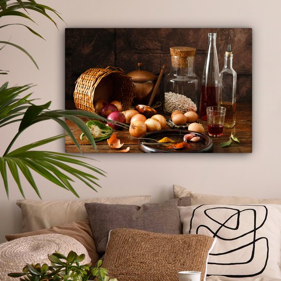Canvas schilderij - Foto op doek - Groente - Eieren - Kruiden - Eten - Stilleven - Muurdecoratie - 60x40 cm - Canvas doek