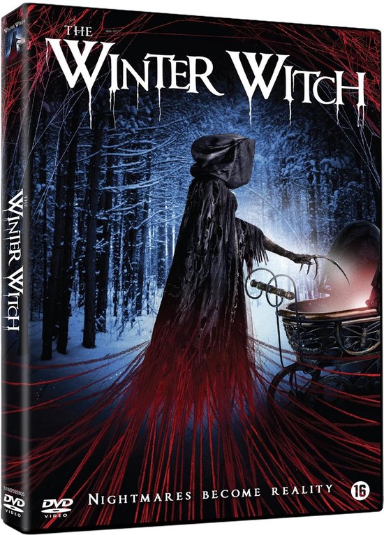 DVD-hoes van The Winter Witch: een heks duwt een wieg door een besneeuwd bos.