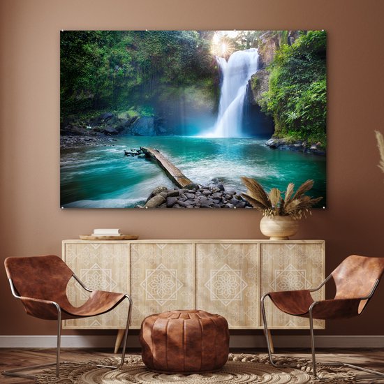 Peinture sur verre - Décoration murale - Cascade - Rocher - Paysage - Pierres - Plaque acrylique - Peinture sur Verres - Décoration d'intérieur - 150x100 cm - Verre acrylique
