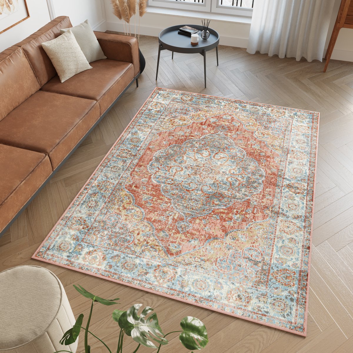 Tapiso Retro Vloerkleed Rood Blauw Rosette Vintage Tapijt Maat- 160x220