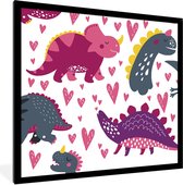 Poster in lijst voor kinderen - Wanddecoratie meisjes - Dino - Hart - Patronen - Roze - Meisjes - Dinosaurus - Decoratie voor kinderkamers - 40x40 cm - Poster kinderkamer