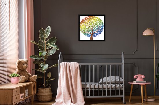 Photo en cadre - Une illustration d'un arbre brun aux feuilles colorées Cadre photo noir 60x80 cm - Affiche sous cadre (Décoration murale salon / chambre)
