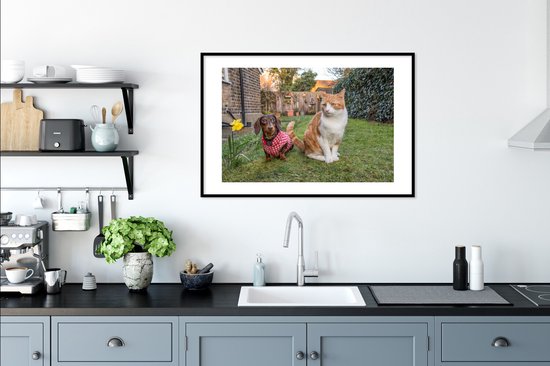Affiche avec cadre Chien - Chat - Jardin - 90x60 cm