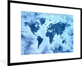 Fotolijst incl. Poster - Wereldkaart - Blauw - Krant - 120x80 cm - Posterlijst