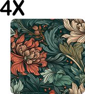BWK Luxe Placemat - Gekleurde Bloemen Patroon - Getekend - Set van 4 Placemats - 40x40 cm - 2 mm dik Vinyl - Anti Slip - Afneembaar