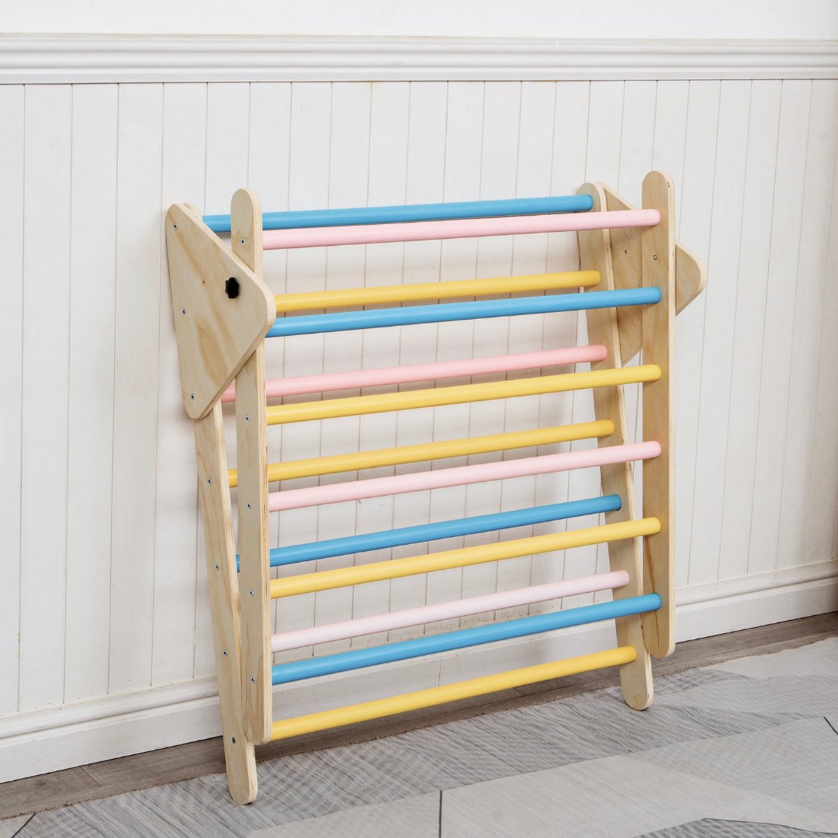 Buxibo XXL Klimrek - Opvouwbare Driehoek + Klimboog + Helling met Glijbaan - Montessori Meubels Houten Speelgym - Pastel - 210x83x81cm — afbeelding 6