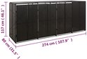 Een lange, zwarte containerberging met zes deuren, met afmetingen 274 x 80 x 117 cm.