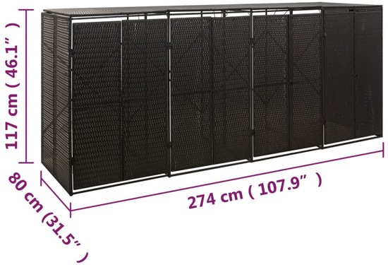 Een lange, zwarte containerberging met zes deuren, met afmetingen 274 x 80 x 117 cm.