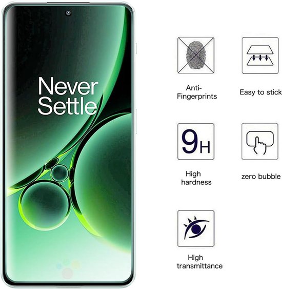 Smartphone met 'Never Settle'. Iconen: anti-vingerafdruk, makkelijk te plakken, 9H hoge hardheid, geen bubbels, hoge lichtdoorlatendheid.