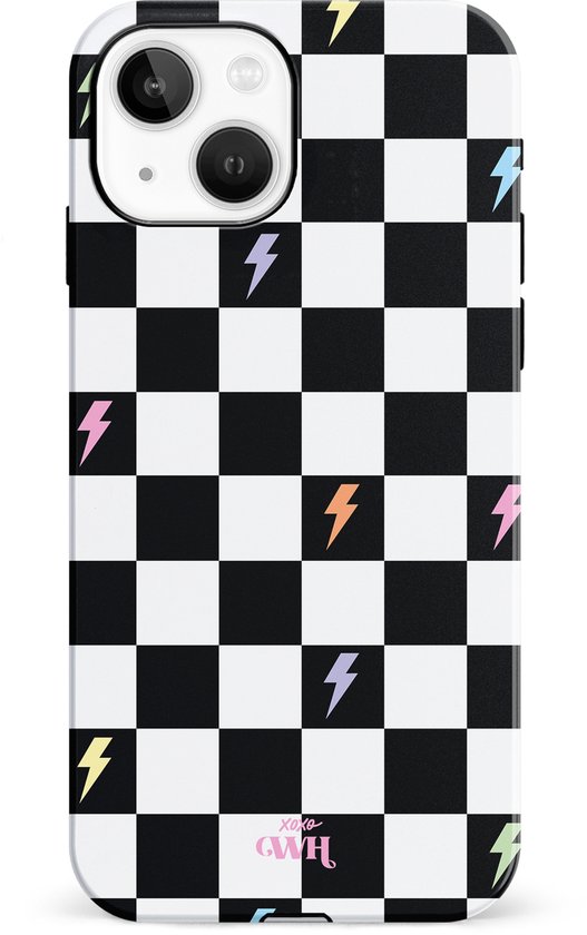 Foto: Xoxo wildhearts thunderstruck single layer hard case geschikt voor iphone 14 hoesje bliksem hoesje dames hoesje geschikt voor iphone 14 hoesje case geschikt voor iphone 14 hoesje beschermhoes geblokt zwart wit