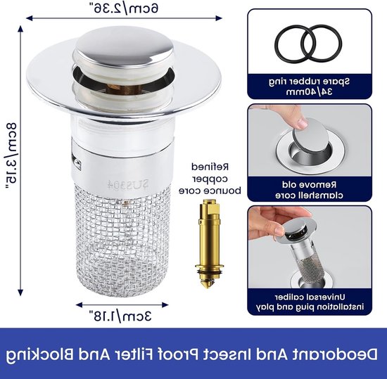 Verstelbare Afvoerstoppers voor Wasbakken 34-40mm - Universele Pop-Up Afvoerstop en Zeef voor Gootstenen en Badkuipen — afbeelding 2