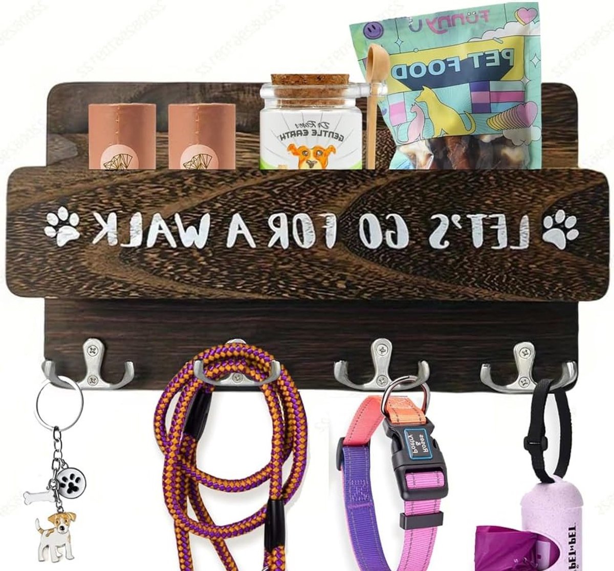 Houten hondenriemhouder voor aan de muur met 4 dubbele haakjes, ideaal voor sleutels en hondenaccessoires, 30cm, bruin