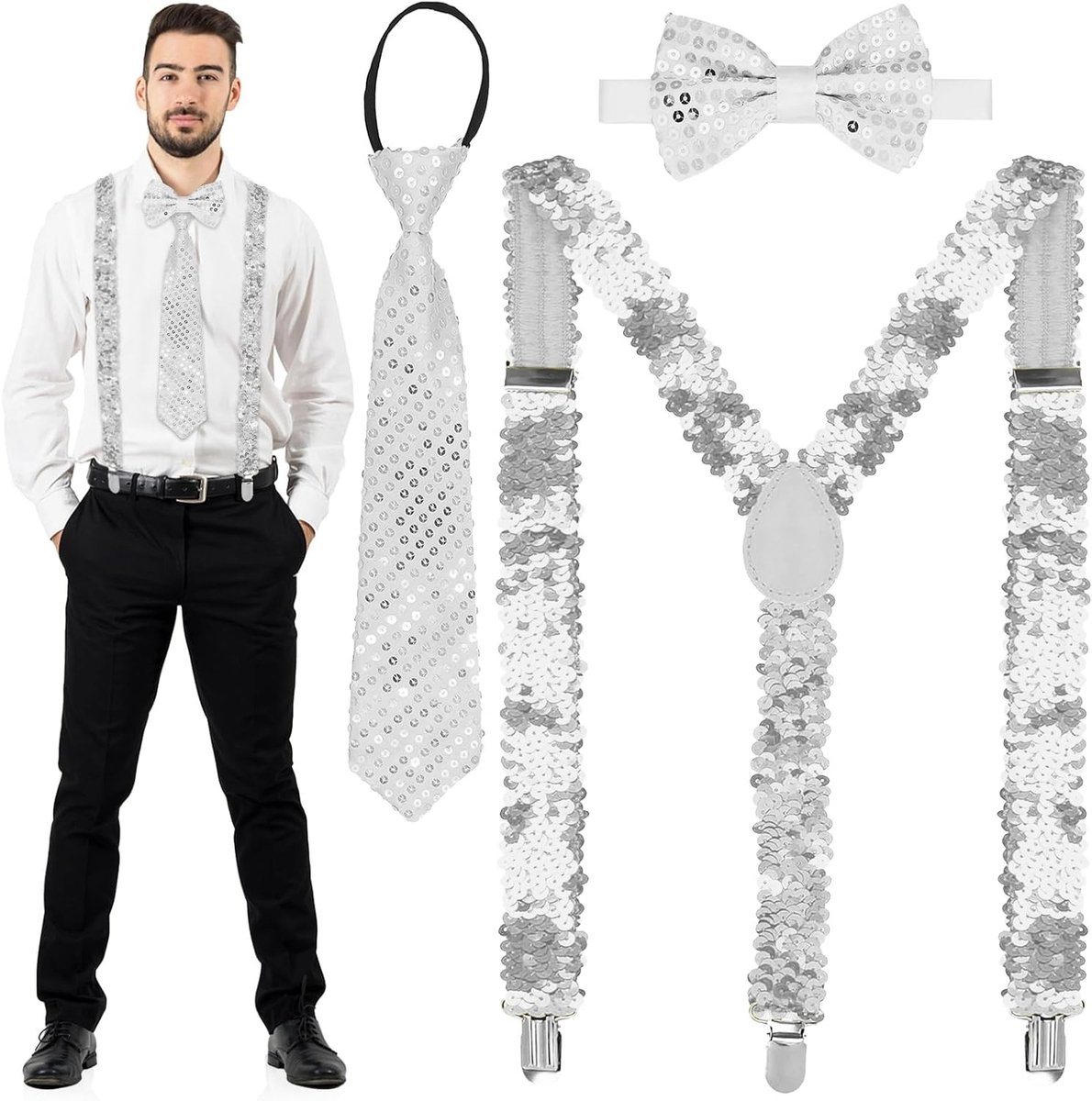 Set van 3 Pailletten, Pailletten Bretels en Pailletten Stropdas voor Kostuums, Feestaccessoires voor Volwassenen, Jazz en Hip Hop Dans, Carnaval en Party