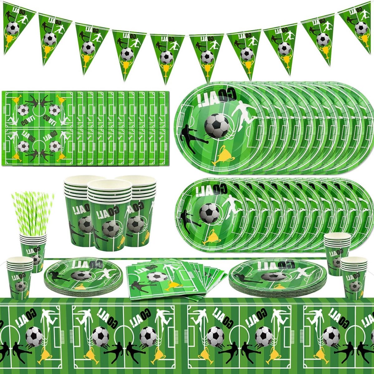 Voetbal Feestaccessoires, 20 Sets Voetbalthema, Papieren Tafelgerei, Vlaggen en Tafelkleed voor Voetbalfans, Kinderverjaardag en Sportfeest Decoraties