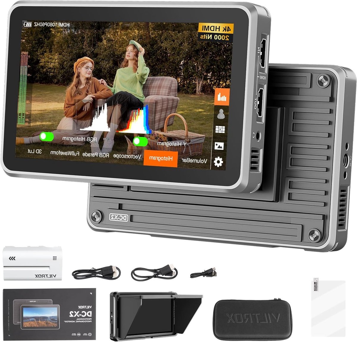 6" camera field monitor met aanraakscherm, 4K resolutie, 2000 nits helderheid, externe monitor voor DSLR, 3D LUT, 1920x1080 IPS, inclusief zonnescherm en 2200mAh batterij voor Sony, Canon en Nikon.