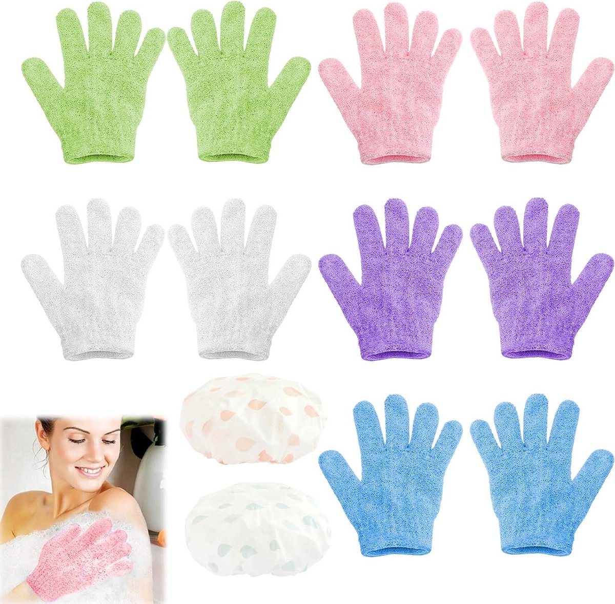 10 Stuks Peeling Handschoenen en 2 Douchecaps, Exfoliërende en Masserende Handschoenen voor een Verzorgende Spa-ervaring