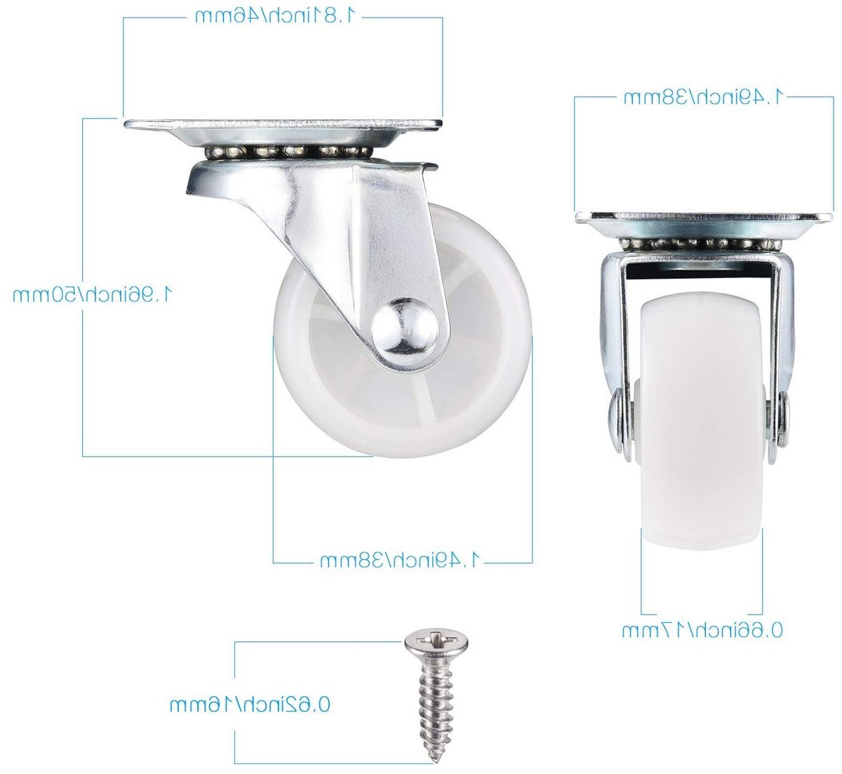 Set van 4 Rubber Wielen met Draaifunctie, Meubelwielen voor DIY Projecten, Inclusief Schroevendraaier en Schroeven, Hoogte 50 mm