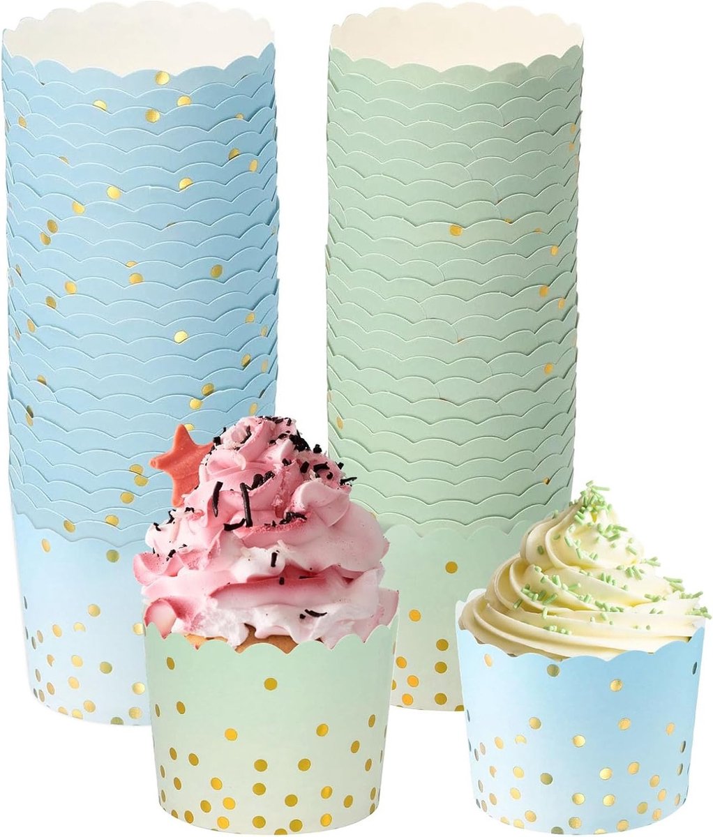 Set van 100 Papieren Cupcake Mallen en Muffin Wrappers, Ideaal voor Feestjes en Desserts, 7 x 6 x 5.5 cm, Blauw en Groen