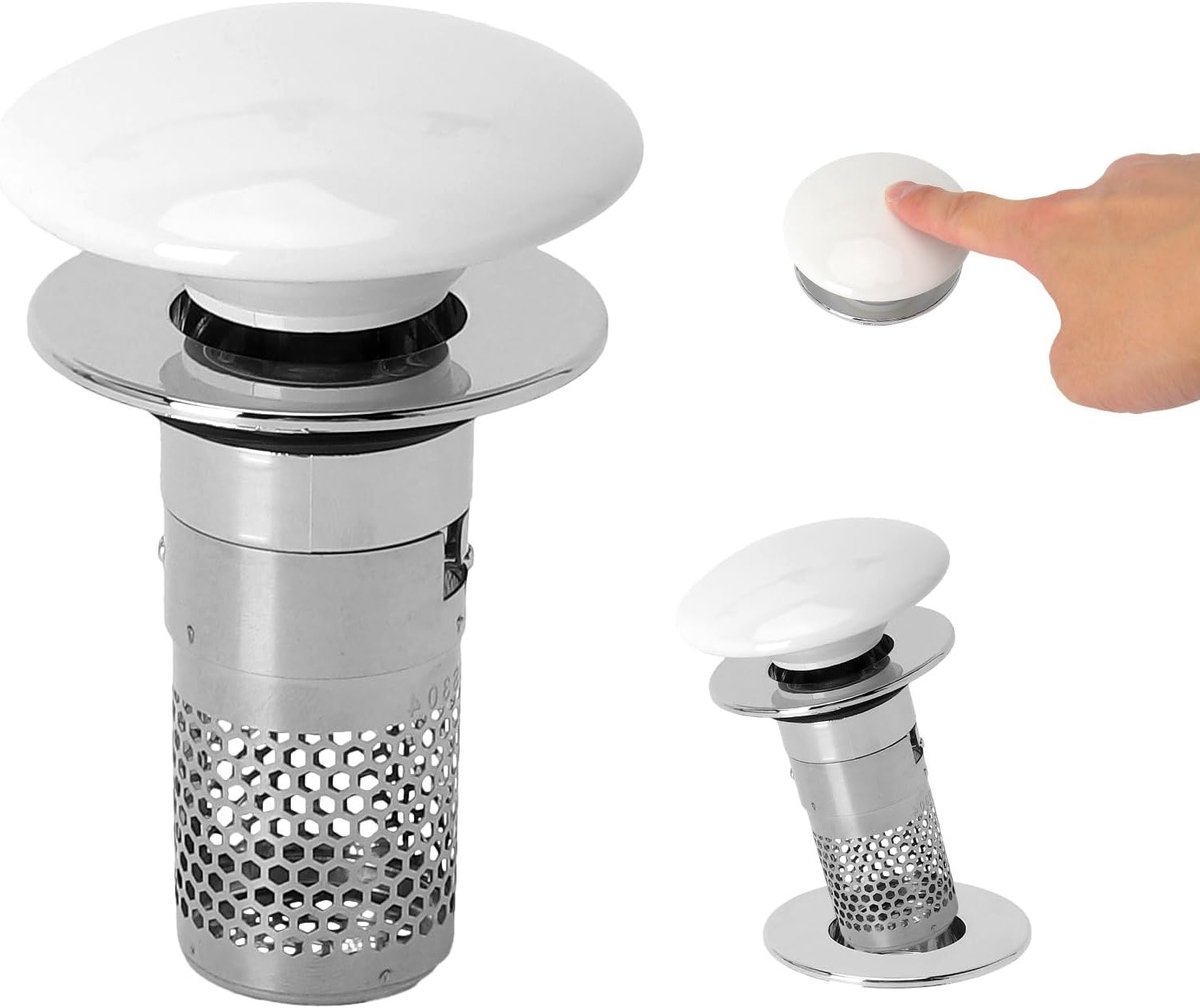 Pop-up afvoerventiel met keramisch deksel en zeef, universele wastafelstop voor afvoer, 34-40 mm, zilver, ideaal voor badkamer en keuken