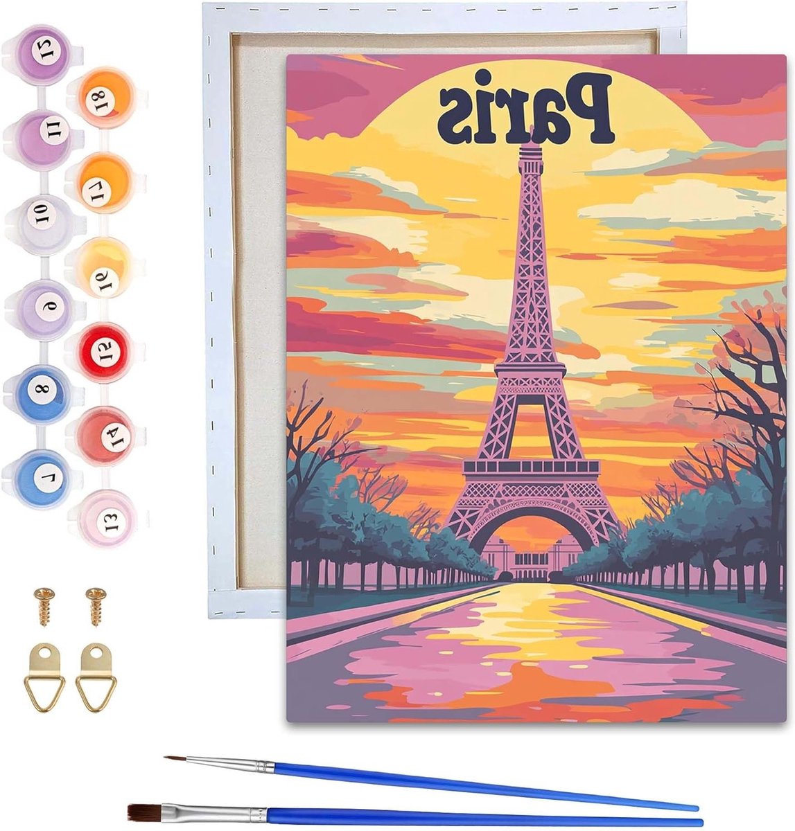 Volwassen Schilderen op Nummer met Eiffeltoren Motief - DIY Handgeschilderd Olieverf Set met Canvas, Kwast en Acrylverf 20x30cm