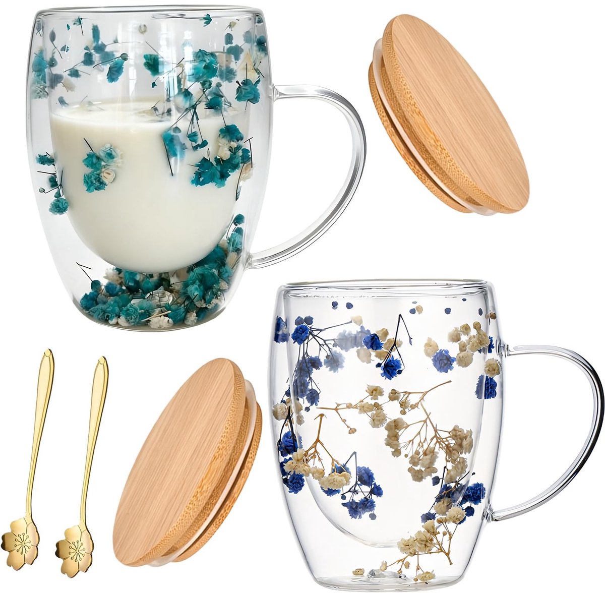 Set van 2 Dubbelwandige Glazen Koffiekopjes met Drogen Bloemen - 350ml