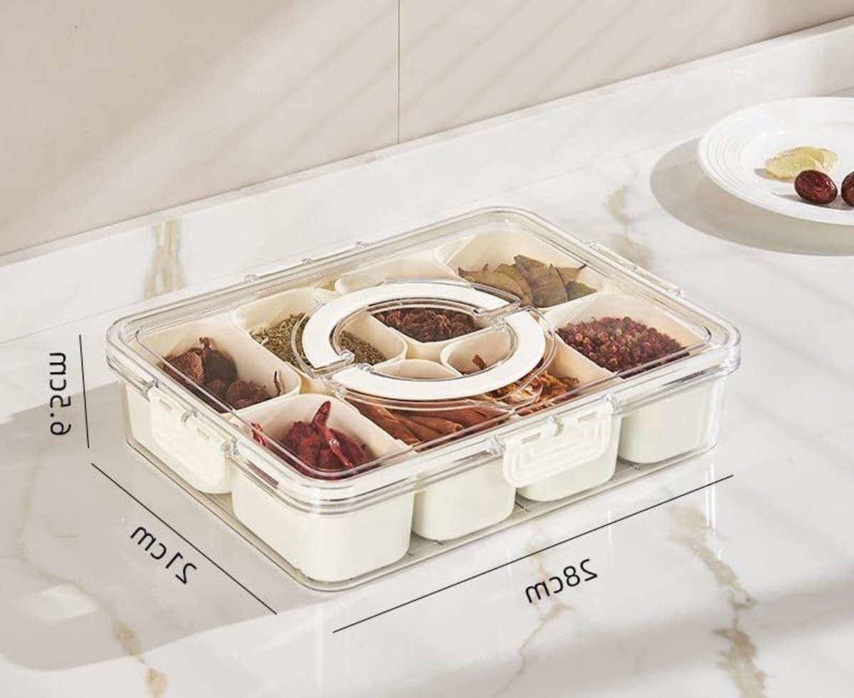 Snackdoos met 8 Compartimenten en Deksel, Lekvrije Organiser voor Snoep, Noten en Fruit (28 x 21 x 6.5 cm) - Ideaal voor Picknicks en Tussendoortjes