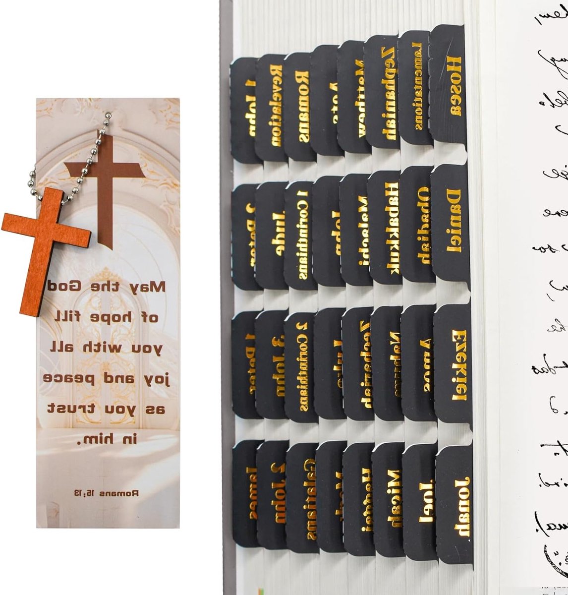 Bijbel Tabs voor Mannen en Vrouwen, 96 Stuks Zwart Gelamineerde Bijbel Tabs met Gouden Letters, Grote Lettertype Bijbel Journaling Benodigdheden voor Oude en Nieuwe Testament