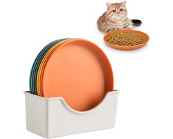 Set van 8 kleurrijke kattenvoederschalen en platte kattenbak, 5,9 inch ronde schalen voor droog en nat voedsel, eenvoudig en functioneel design