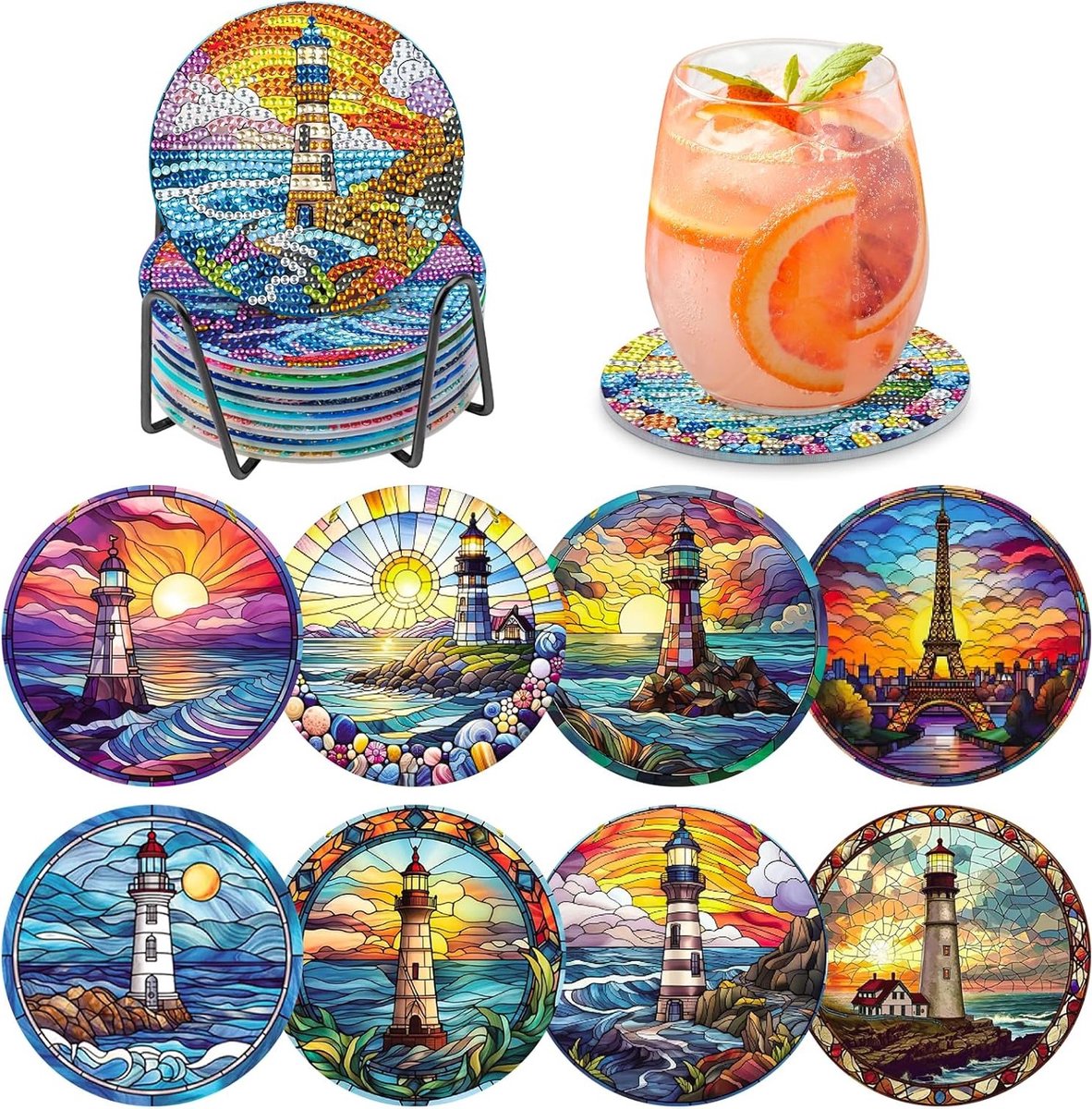 Set van 8 Diamant Art Coasters met Houder, 5D Lantaarnhuis Coasters voor Volwassenen, DIY Rond Landschap Schilderij Coasters voor Creatieve Thuisdecoratie