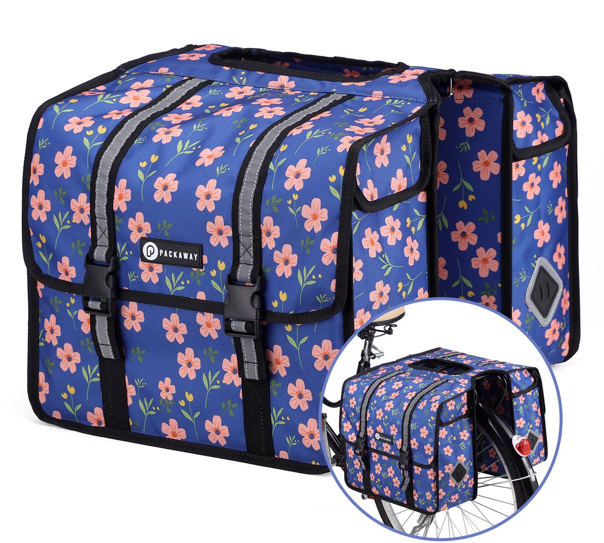 Packaway Dubbele fietstassen - 36 liter - Waterdicht - Voor bagagedrager - Bleu Blossom