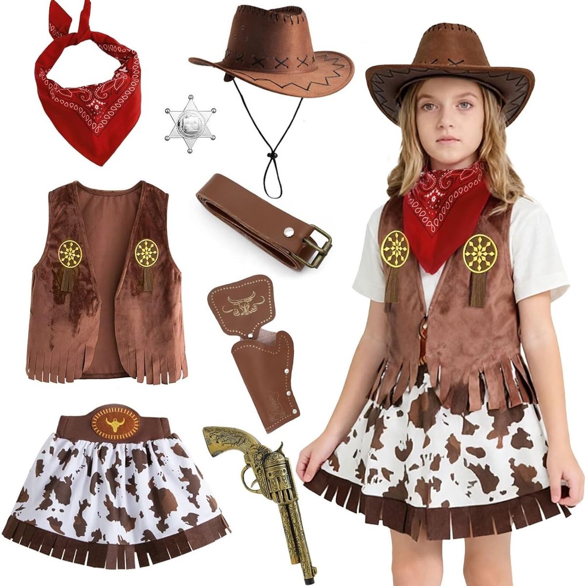 Cowboy Kostuum voor Kinderen met Hoed, Vest, Sjaal en Accessoires voor Carnaval en Halloween, Perfect voor Cosplay en Feestjes