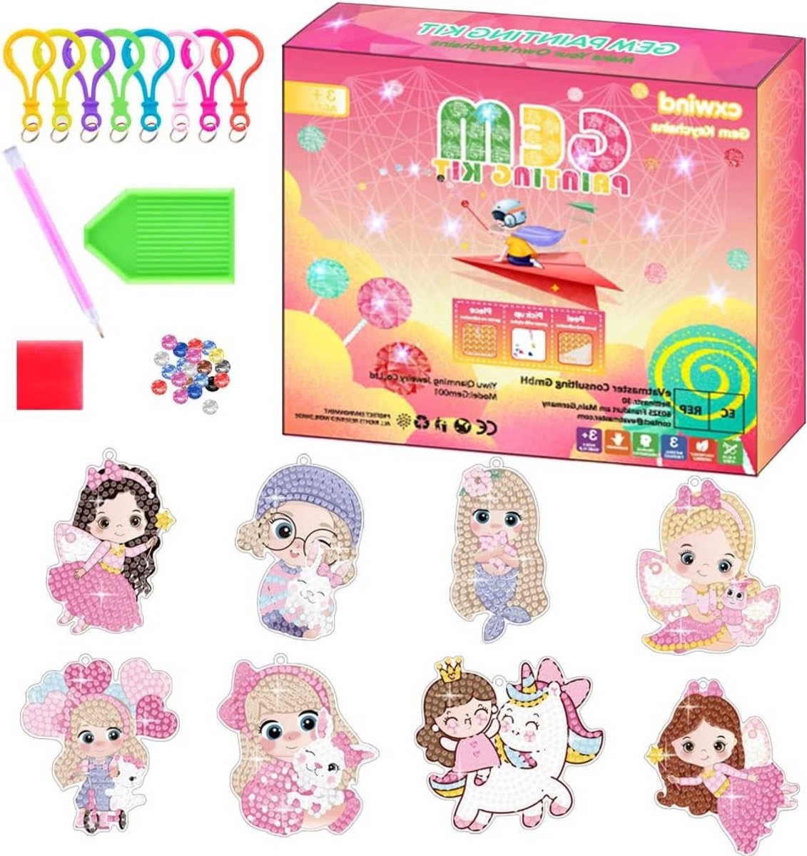Creatieve Diamant Schilderset voor Kinderen van 4-12 Jaar, 8-delige Eenhoorn Kunstset voor DIY Sleutelhangers en Grote Edelsteenkunst voor Meisjes en Peuters (Roze)