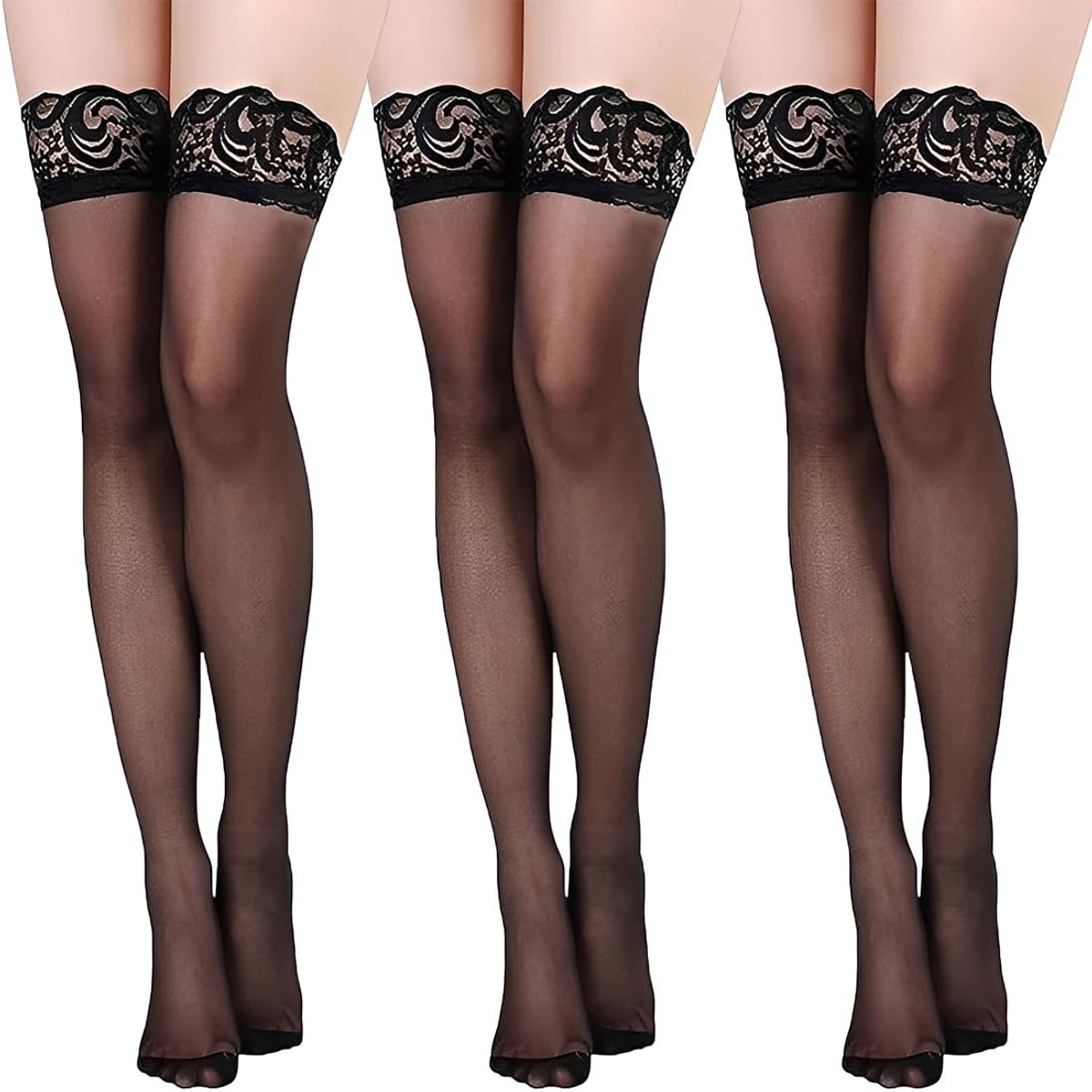 aladdien - Jarretelkousen - Sexy Netkousen - Halterloos en van Kant - 3 Paar - Zwart - Damesmode - Kniehoog - Comfortabele Pasvorm