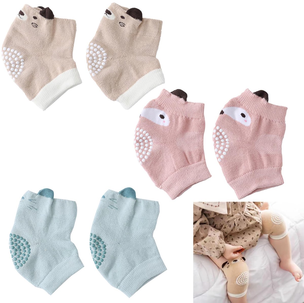 Allecto - Baby kniebeschermers - Antislip kniebeschermers - Veilig en comfortabel - Gele meid, bruine tijger, grijze dino - Perfect voor kruipen e