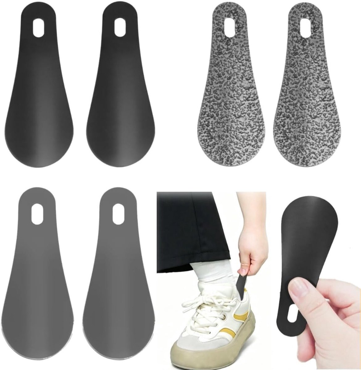 Set van 6 metalen schoenlepels van 10 cm - Draagbare, roestvrijstalen schoenhulp voor eenvoudig aantrekken van schoenen, ideaal voor reizen en dagelijks gebruik in zilver en zwart