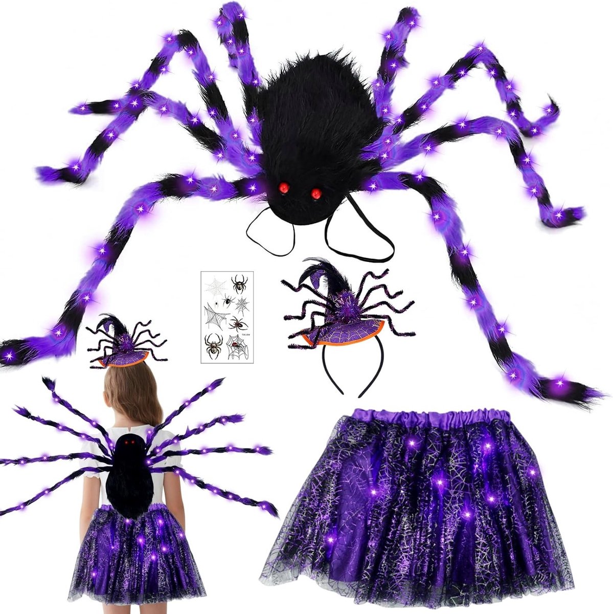 Spinnenkostuum voor Meisjes met LED Verlichting, Tulle Rok en Rugzak voor Halloween en Carnaval Cosplay
