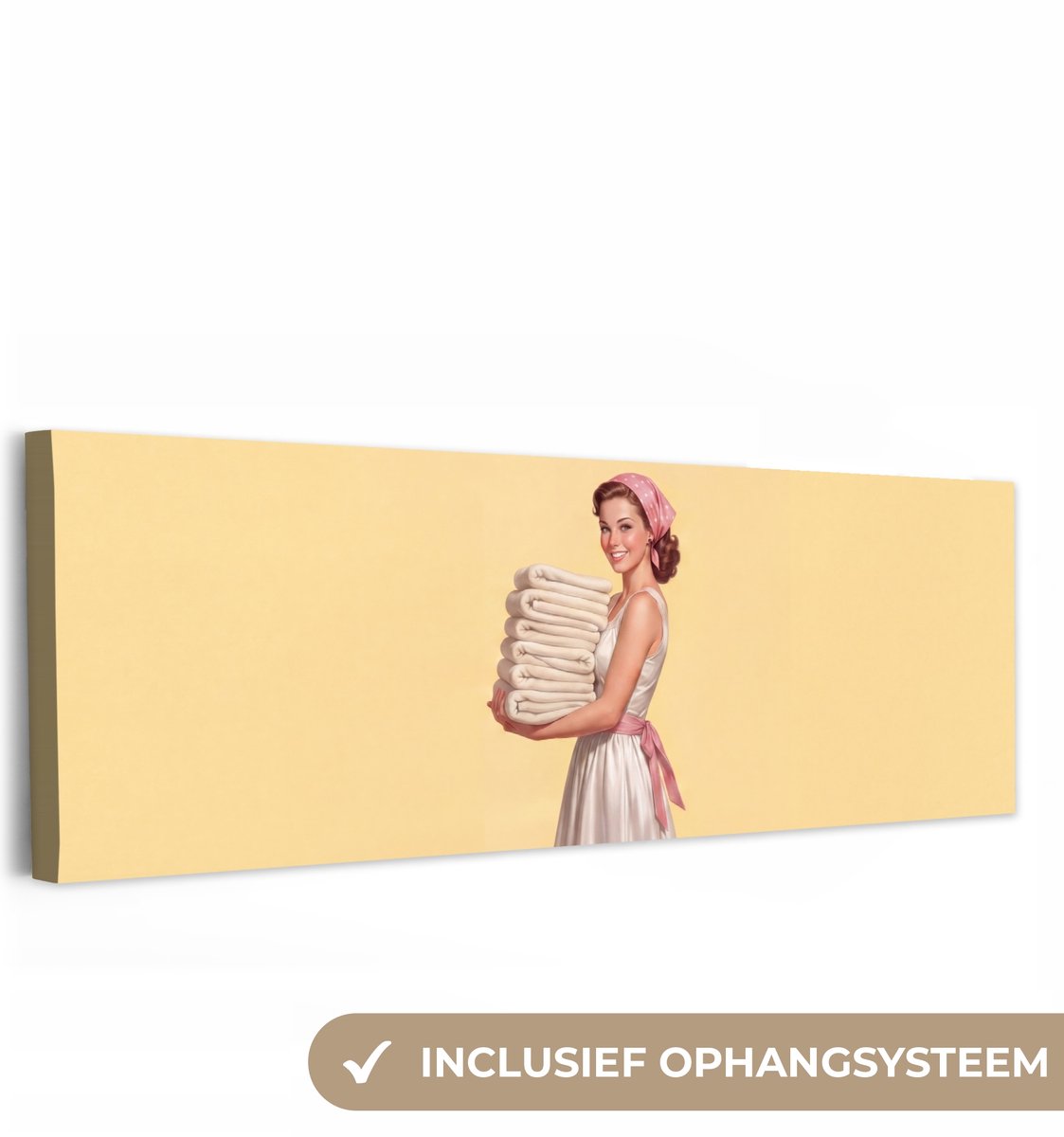 Canvas schilderij 150x50 cm - Exclusieve wanddecoratie Handdoeken - Vrouw - Jurk - Roze - 