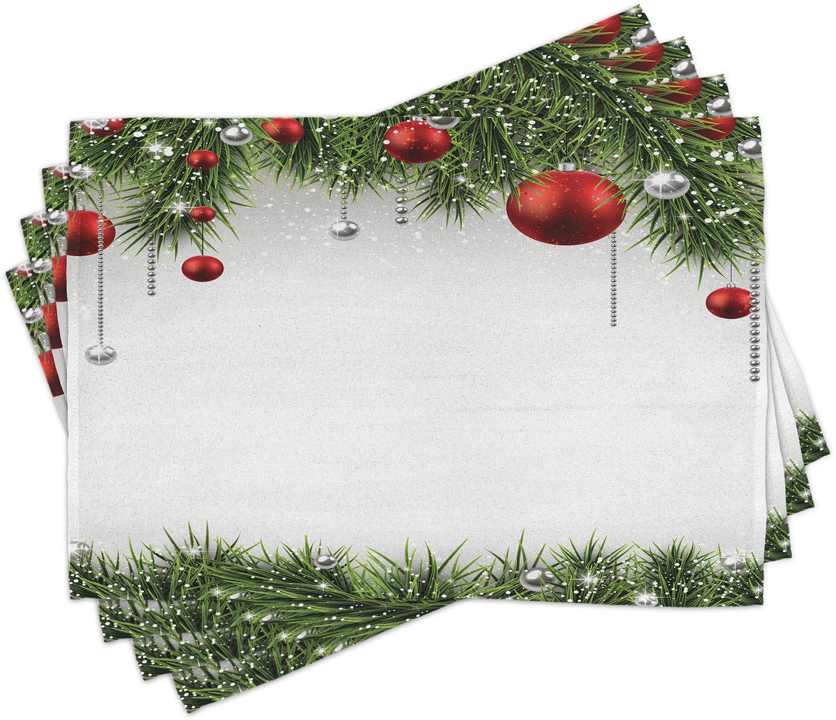 ABAKUHAUS kerstplacemats, boombollen ornamenten, wasbare stof eetkamerkeukentafeldecoratie digitale print, groen-rood